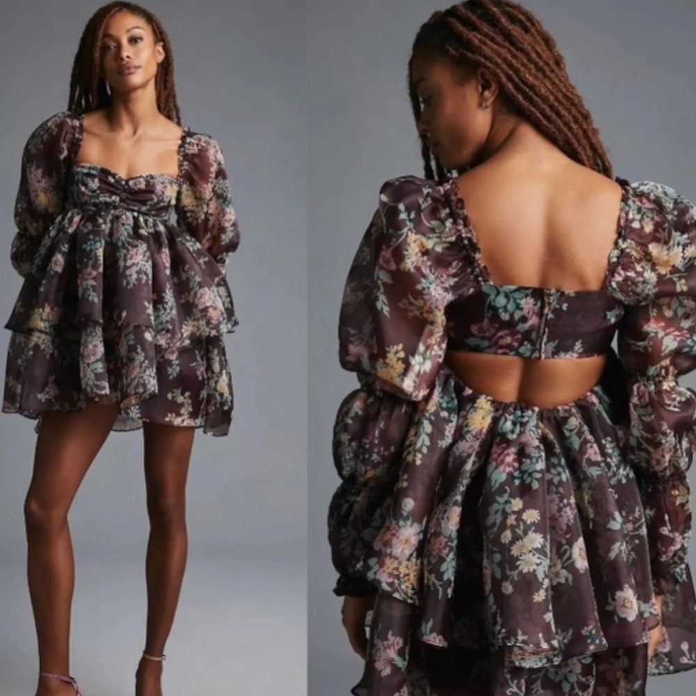 Anthropologie Selkie The Moonlight Dress Floral Plum Mini Puff Sleeves